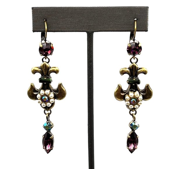 Signed AVGAD ISRAEL Victorian Revival Crystal Pearl Pierced Earrings 3" - Picture 3 of 9